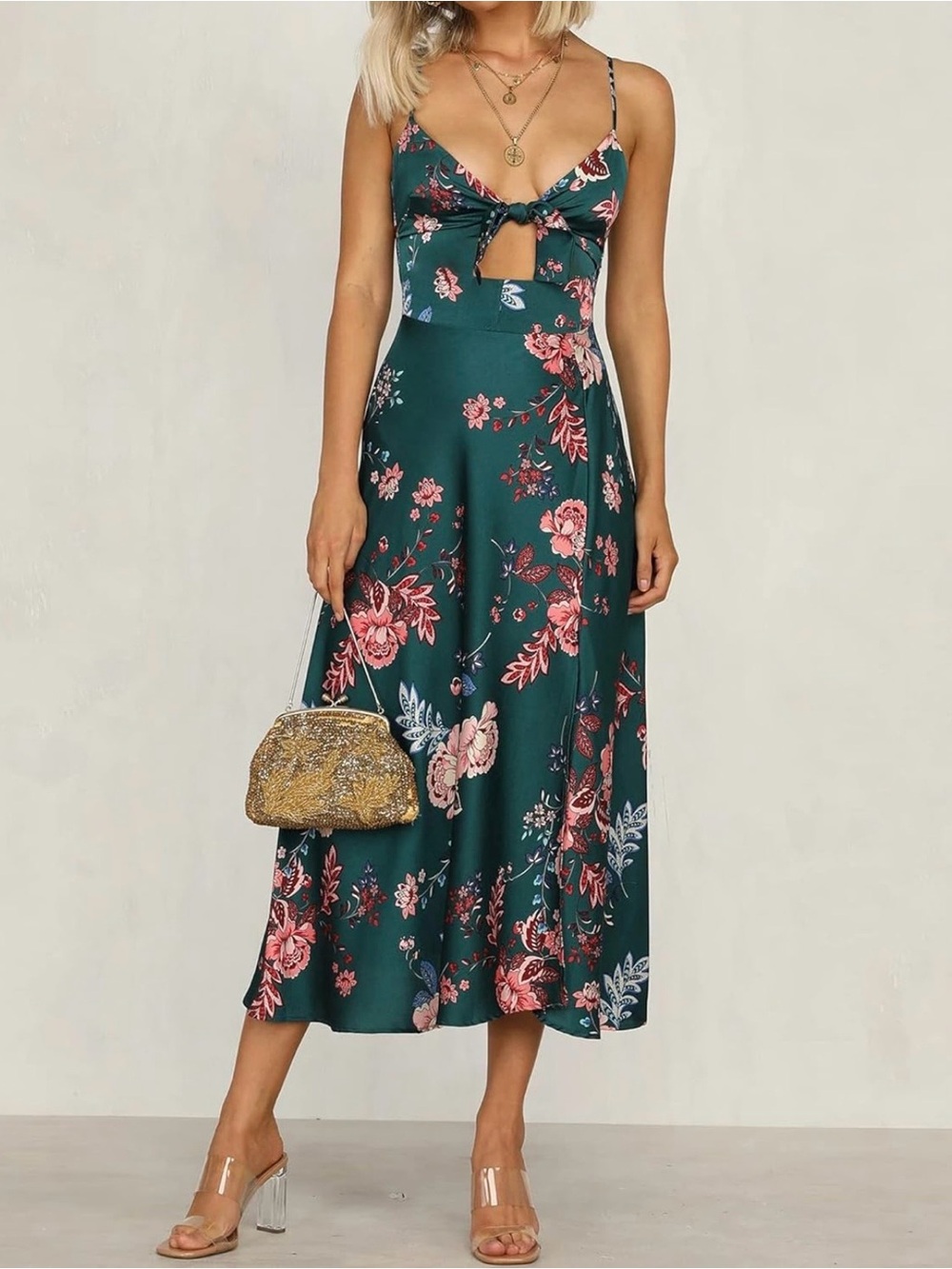 Amazon Teal Floral Midi Dress with Pink Flowers and Side Slit - Picture 2 of 6